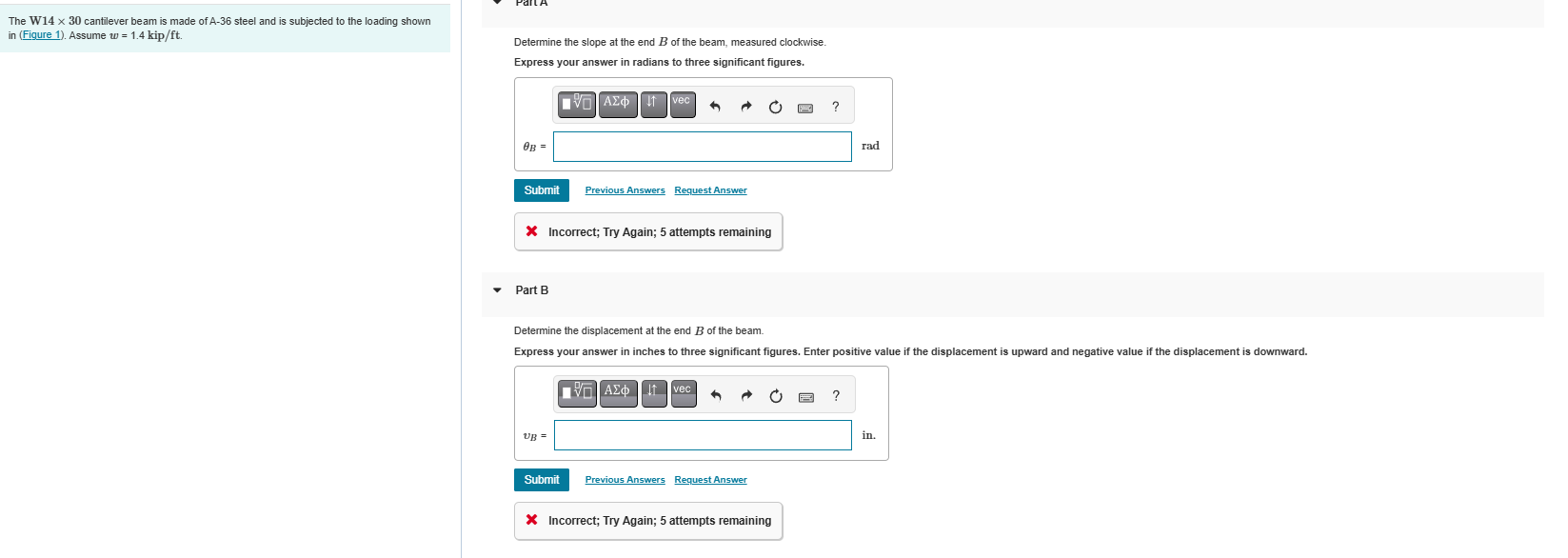 The W 1 4 \ ( \ times 3 0 \ ) cantilever beam is