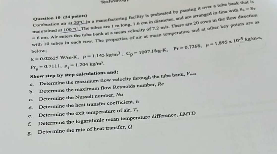 Question 1 0 ( 2 4 points ) Combustion air at 2 0