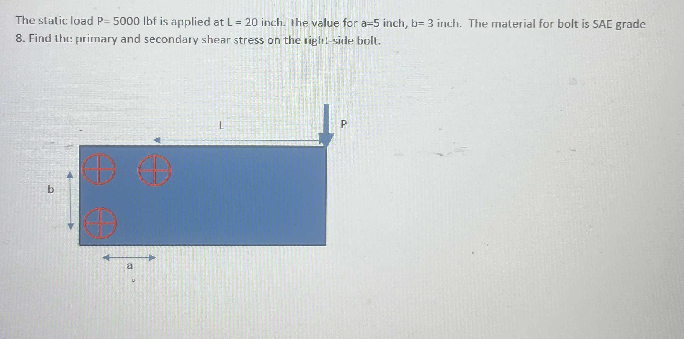 The static load P = 5 0 0 0 l b f is applied at L