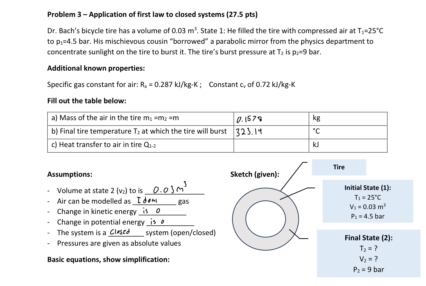 Problem 3 - Application of first law to closed