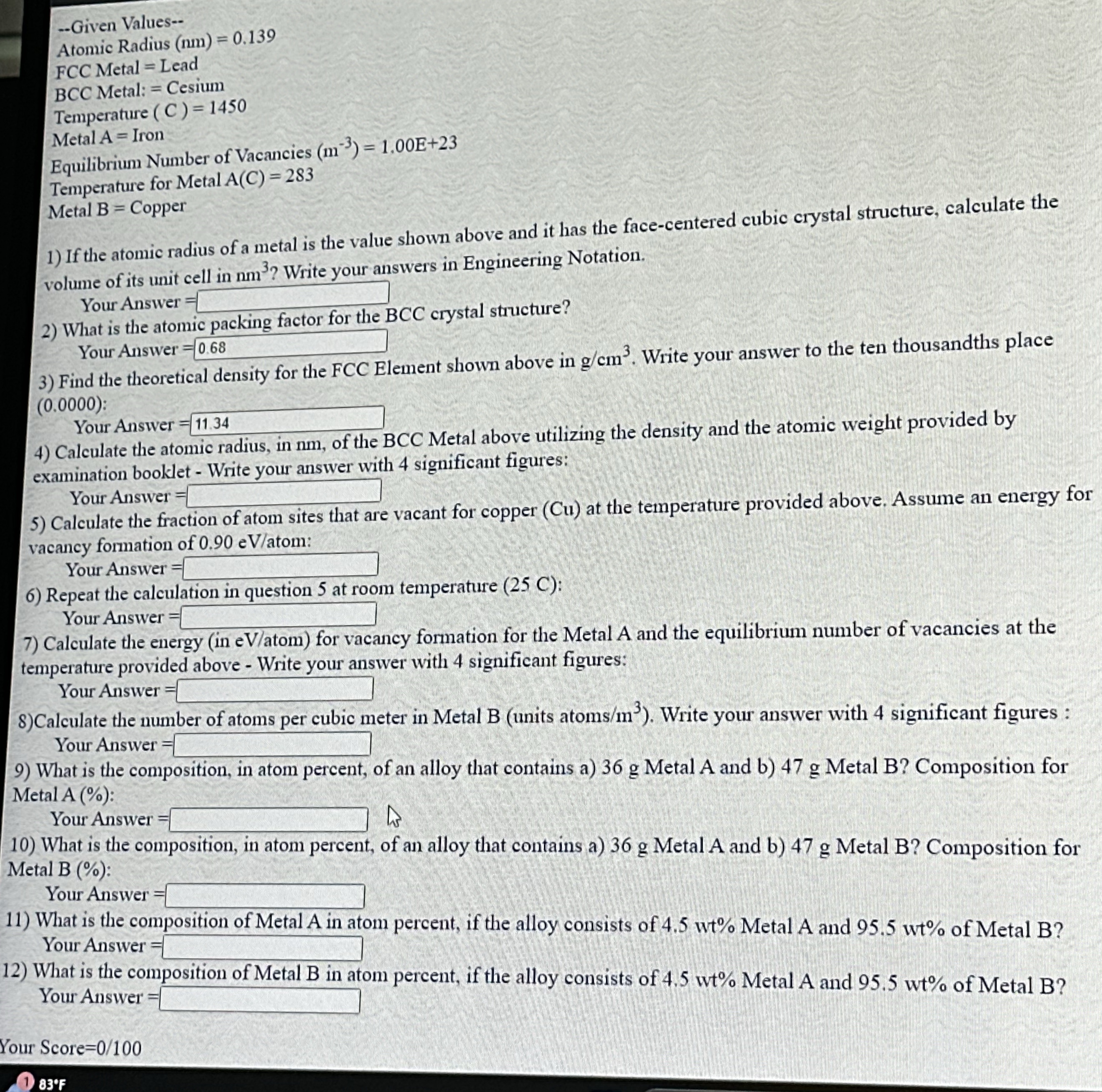 - Given Values - - Atomic Radius ( n m ) = 0 . 1