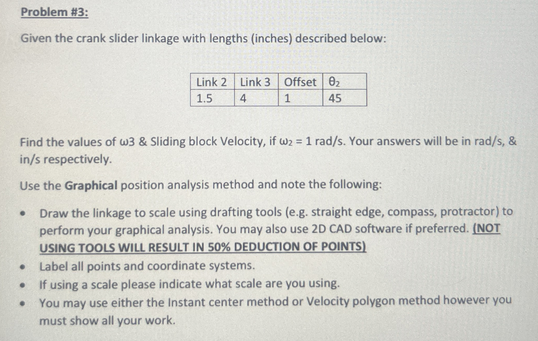Problem # 3 : Given the crank slider linkage with