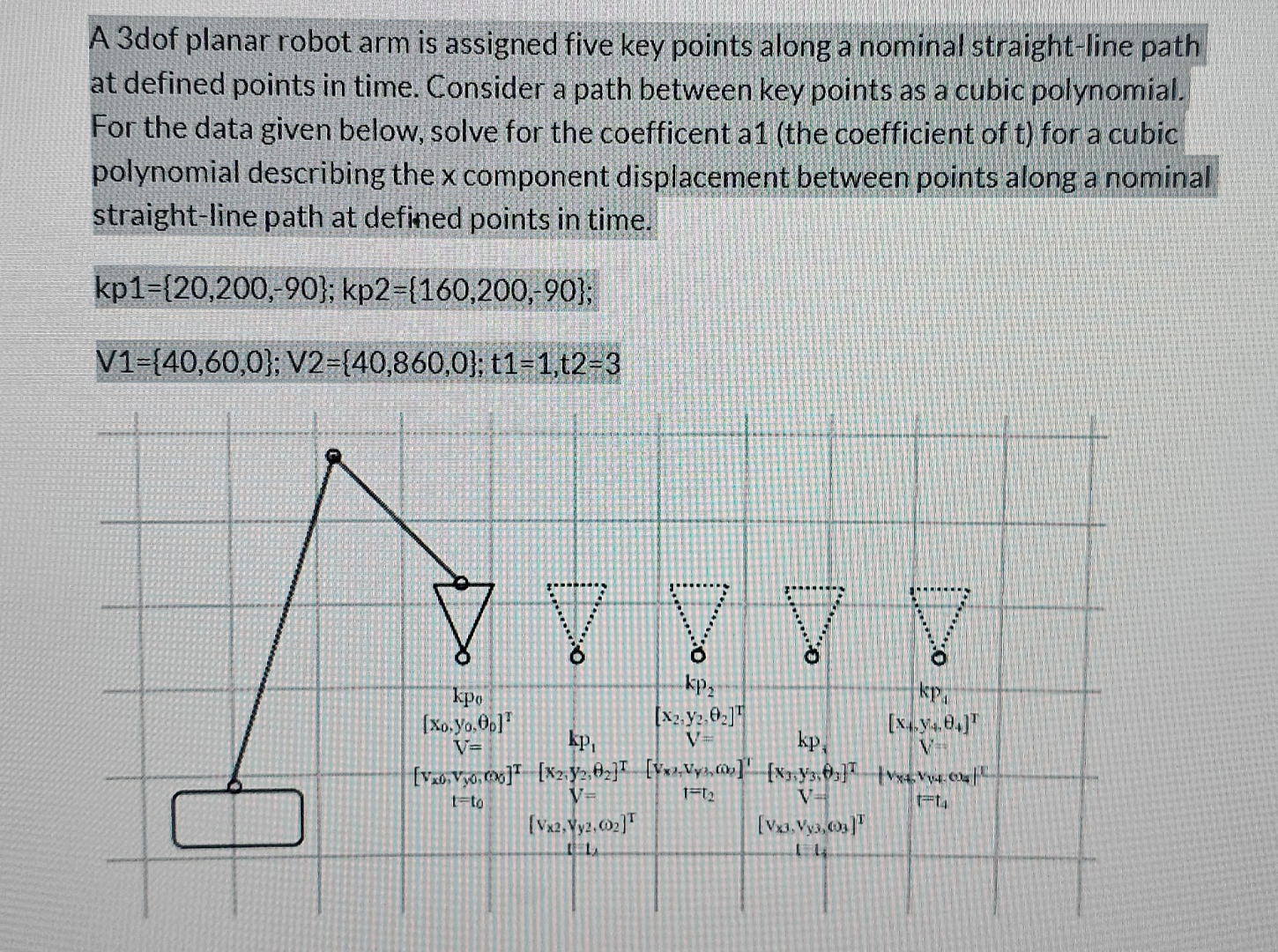 A 3 dof planar robot arm is assigned five key