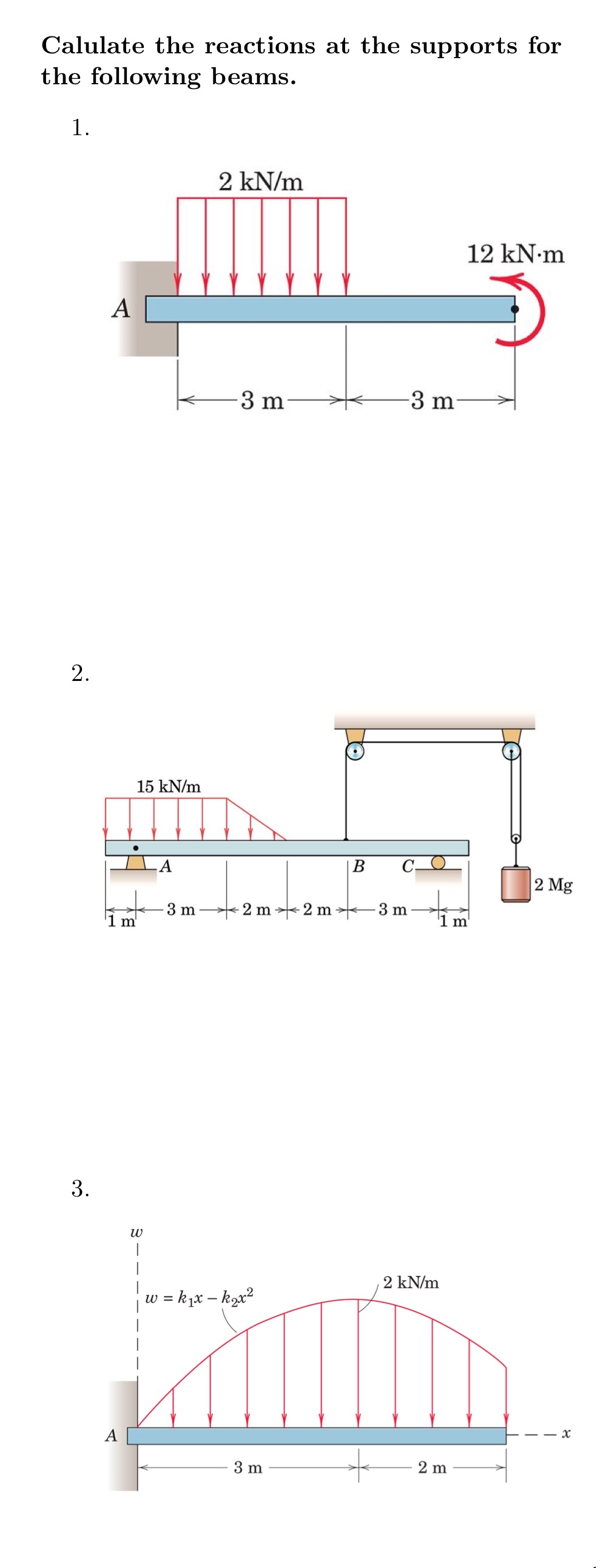 Calulate the reactions at the supports for the