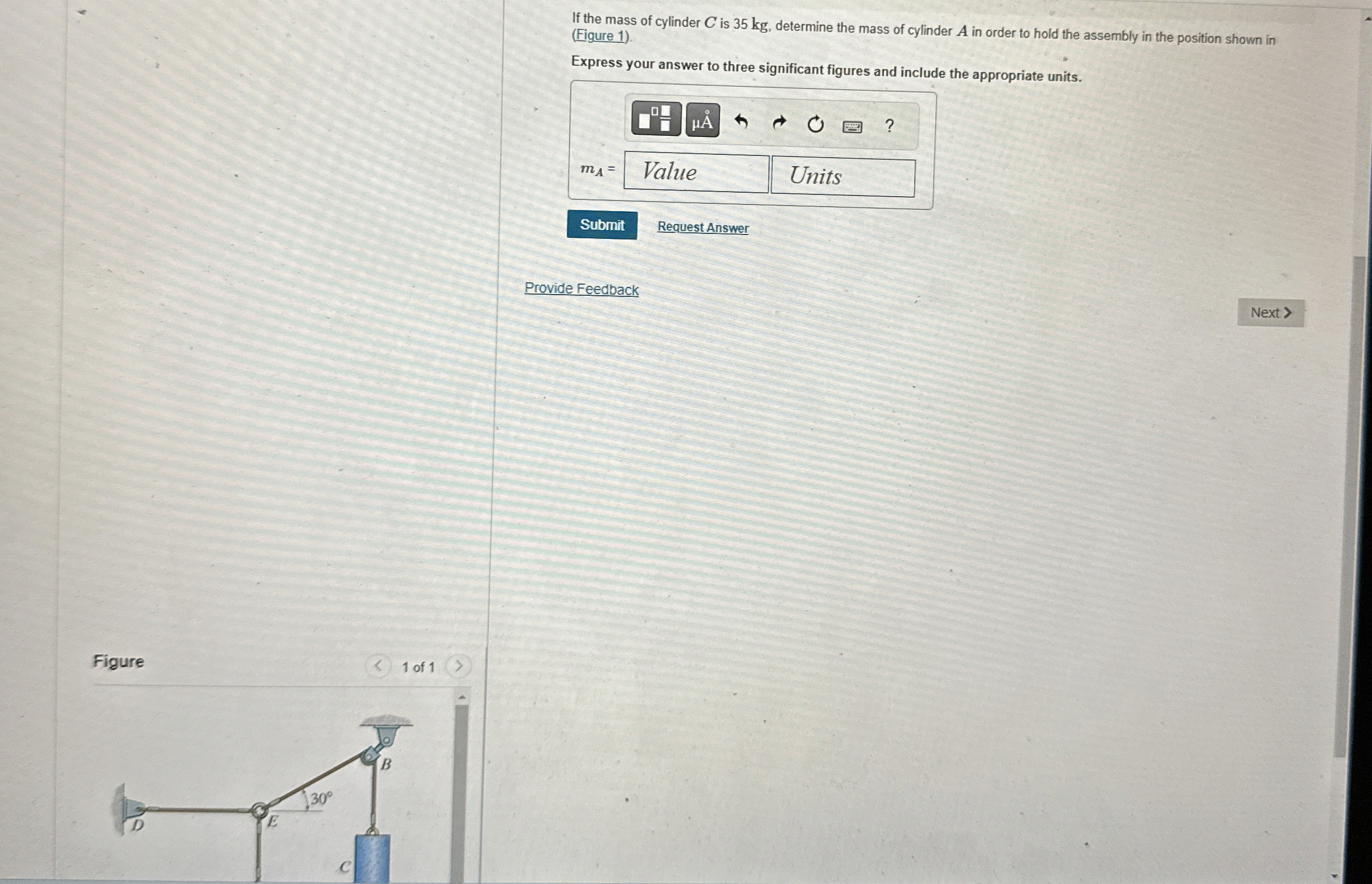 If the mass of cylinder C is 3 5 kg , determine