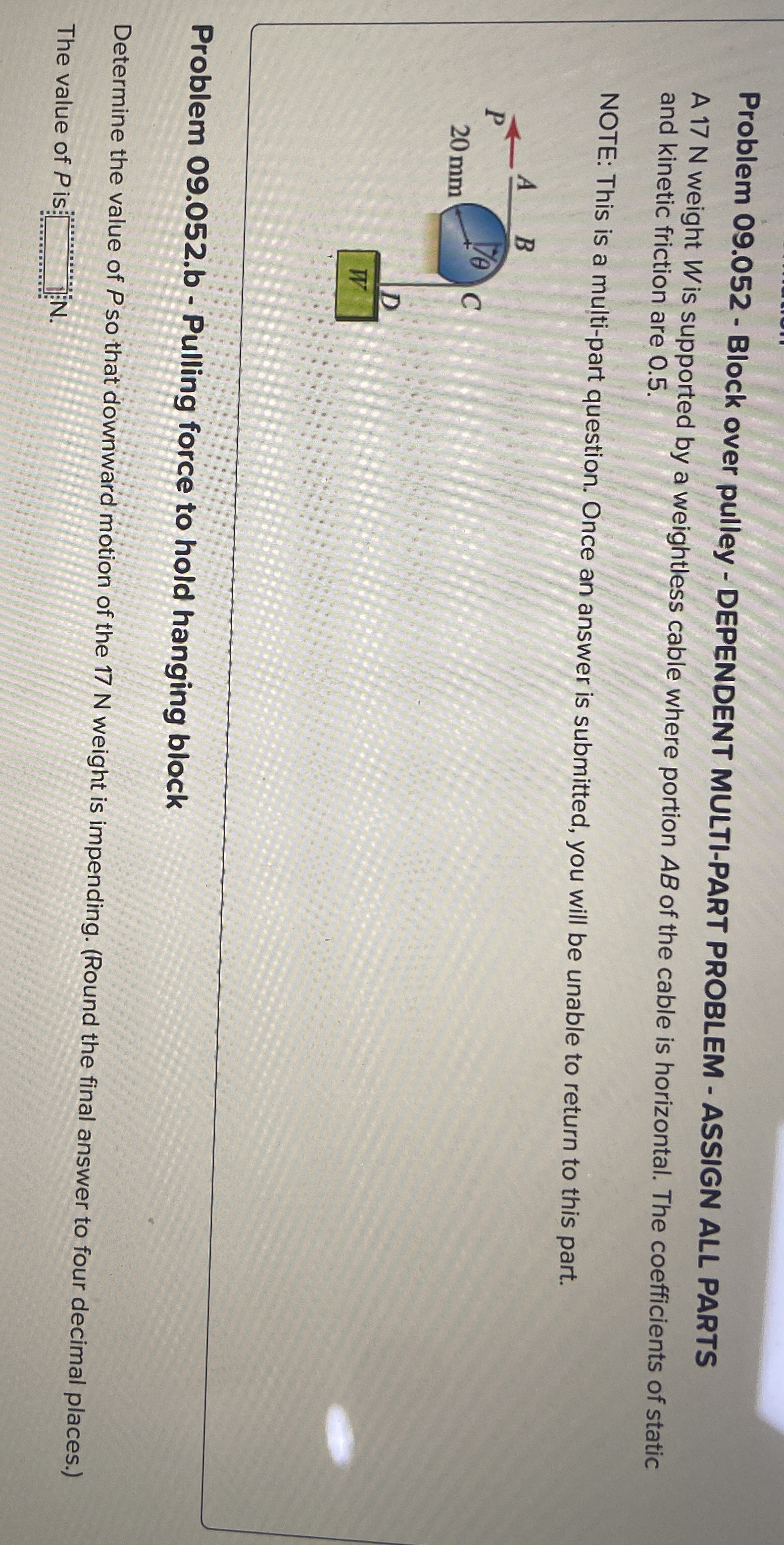 Problem 0 9 . 0 5 2 - Block over pulley -