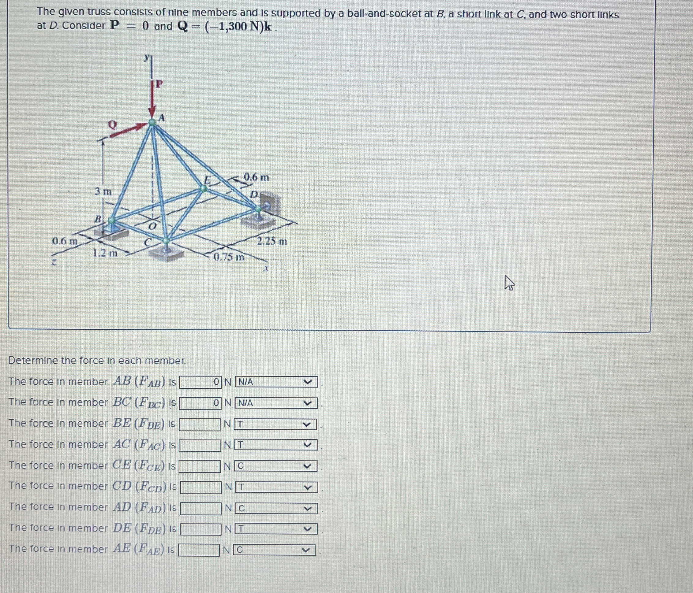 The given truss consists of nine members and is