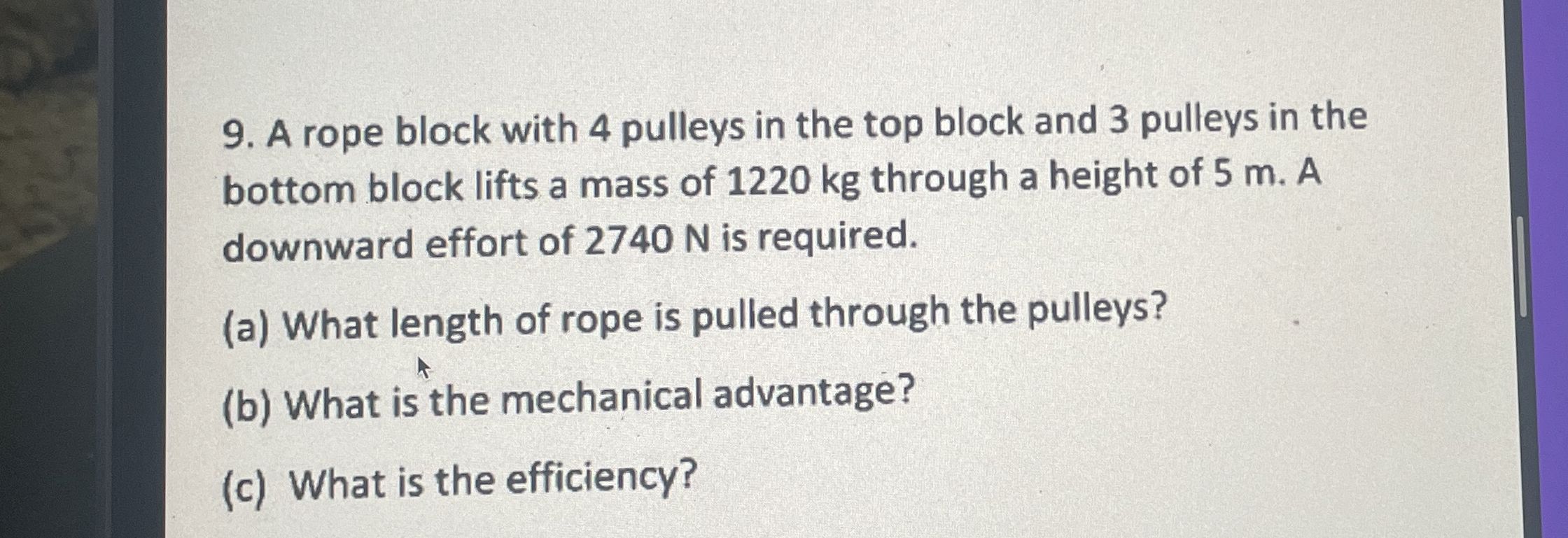 A rope block with 4 pulleys in the top block and
