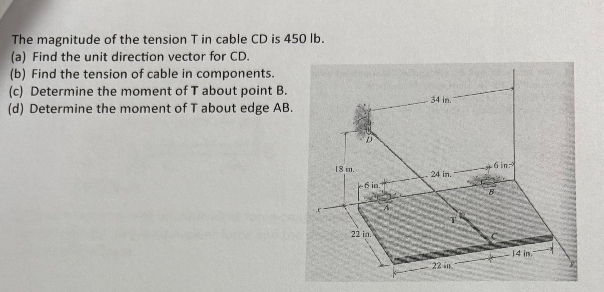 The magnitude of the tension T in cable CD is 4 5