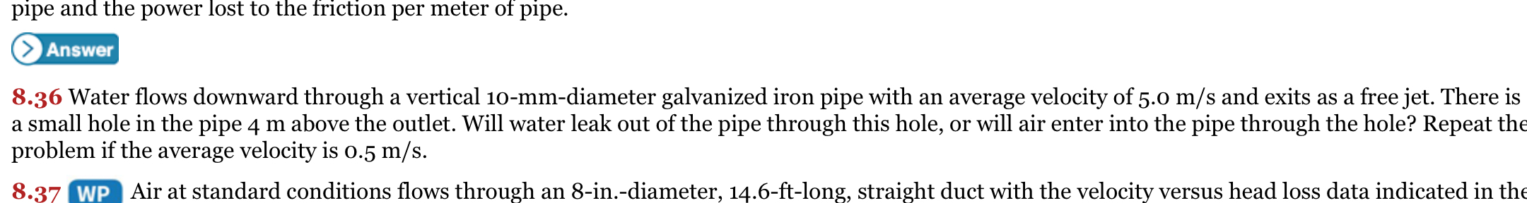 pipe and the power lost to the friction per meter