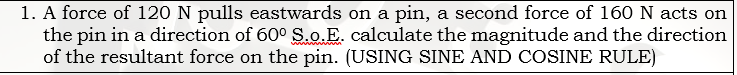 A force of 1 2 0 N pulls eastwards on a pin, a