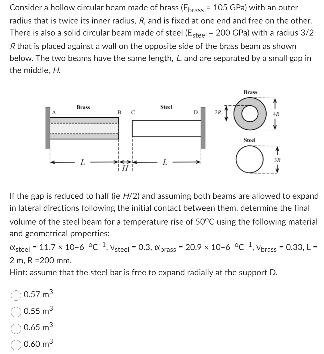 Consider a hollow circular beam made of brass ( E