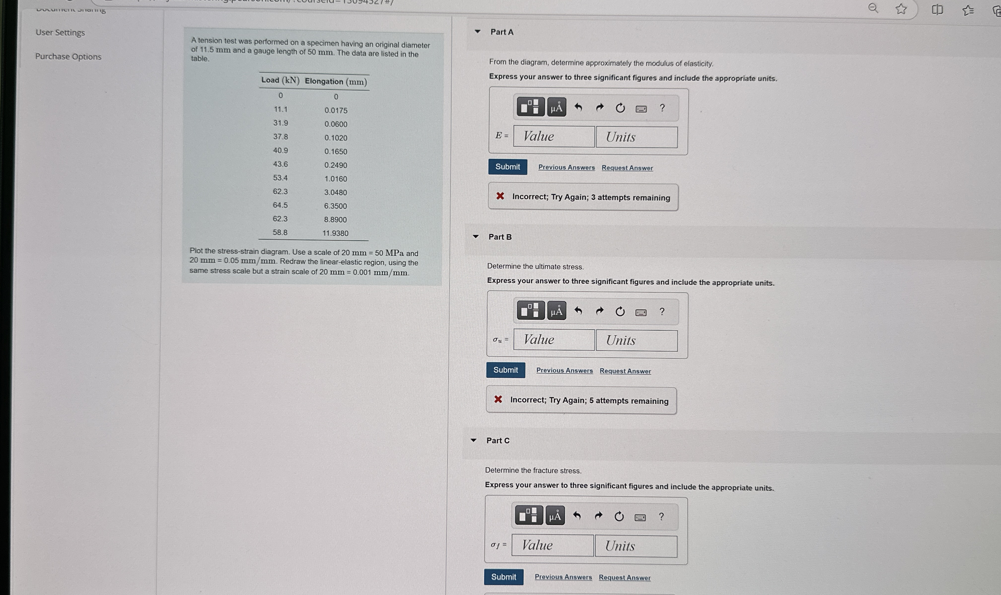 A tension test was performed on a specimen having