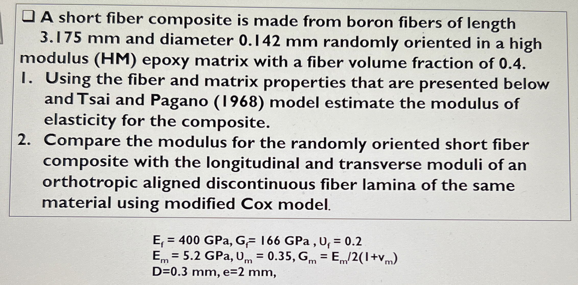 A short fiber composite is made from boron fibers