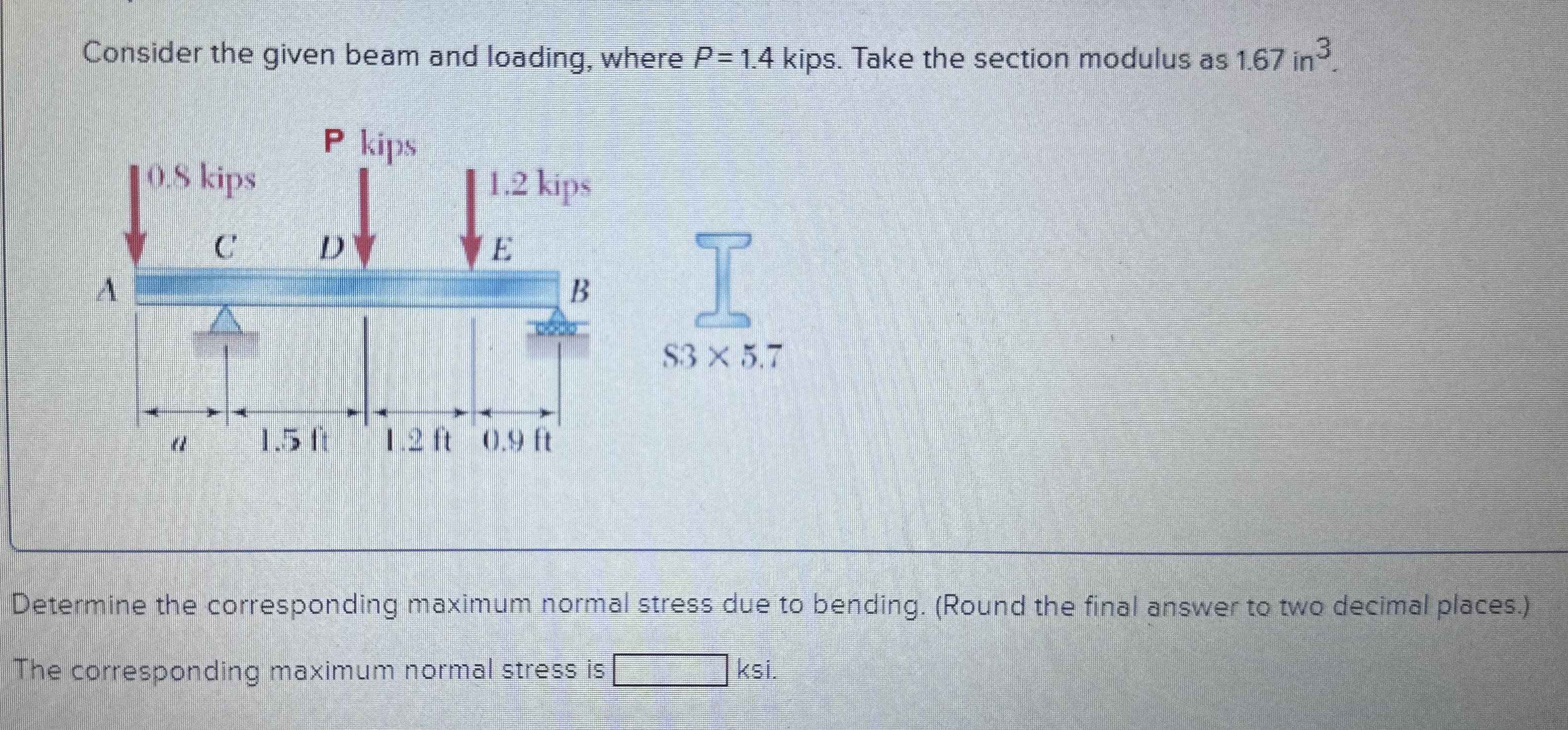 Consider the given beam and loading, where P = 1