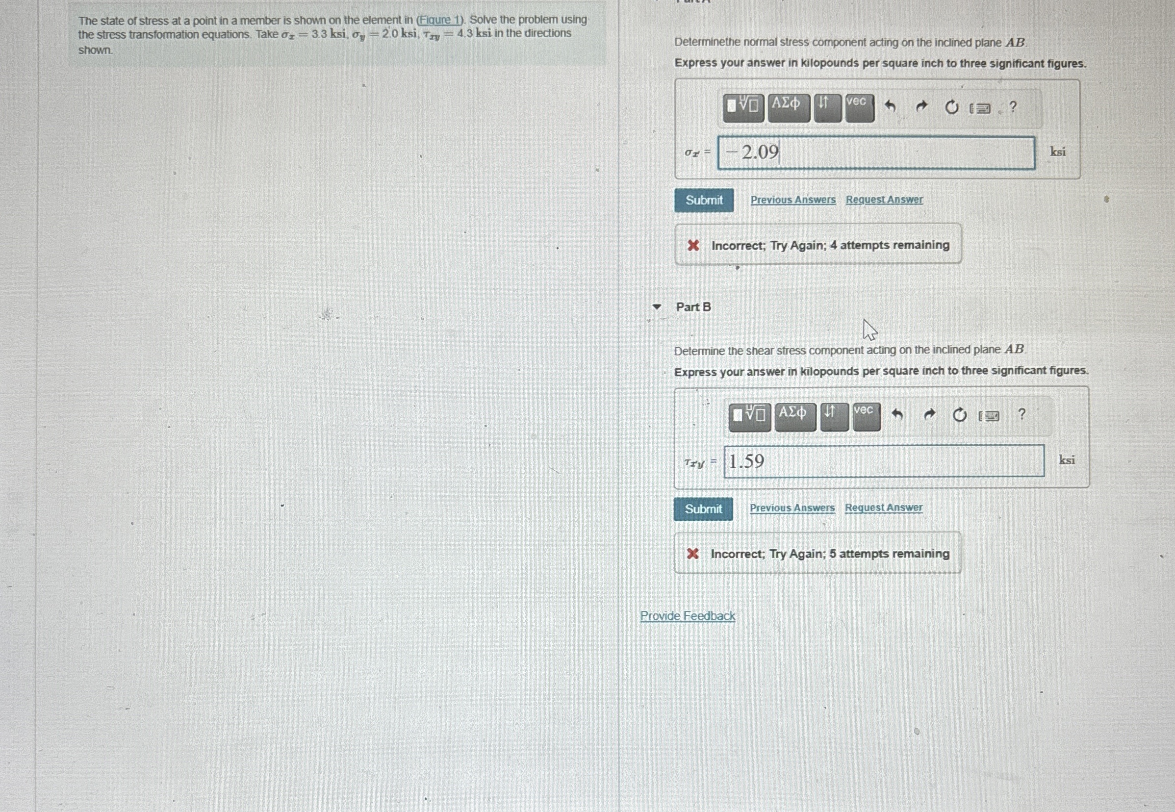 The state of stress at a point in a member is