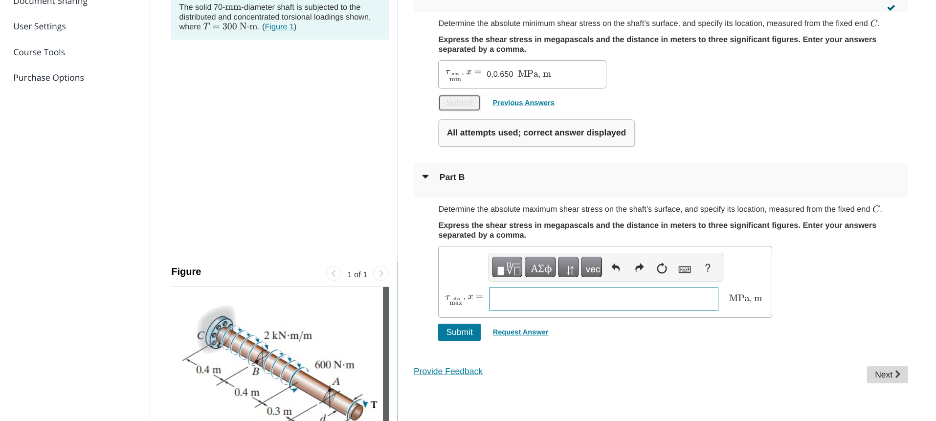 Determine the absolute minimum shear stress on