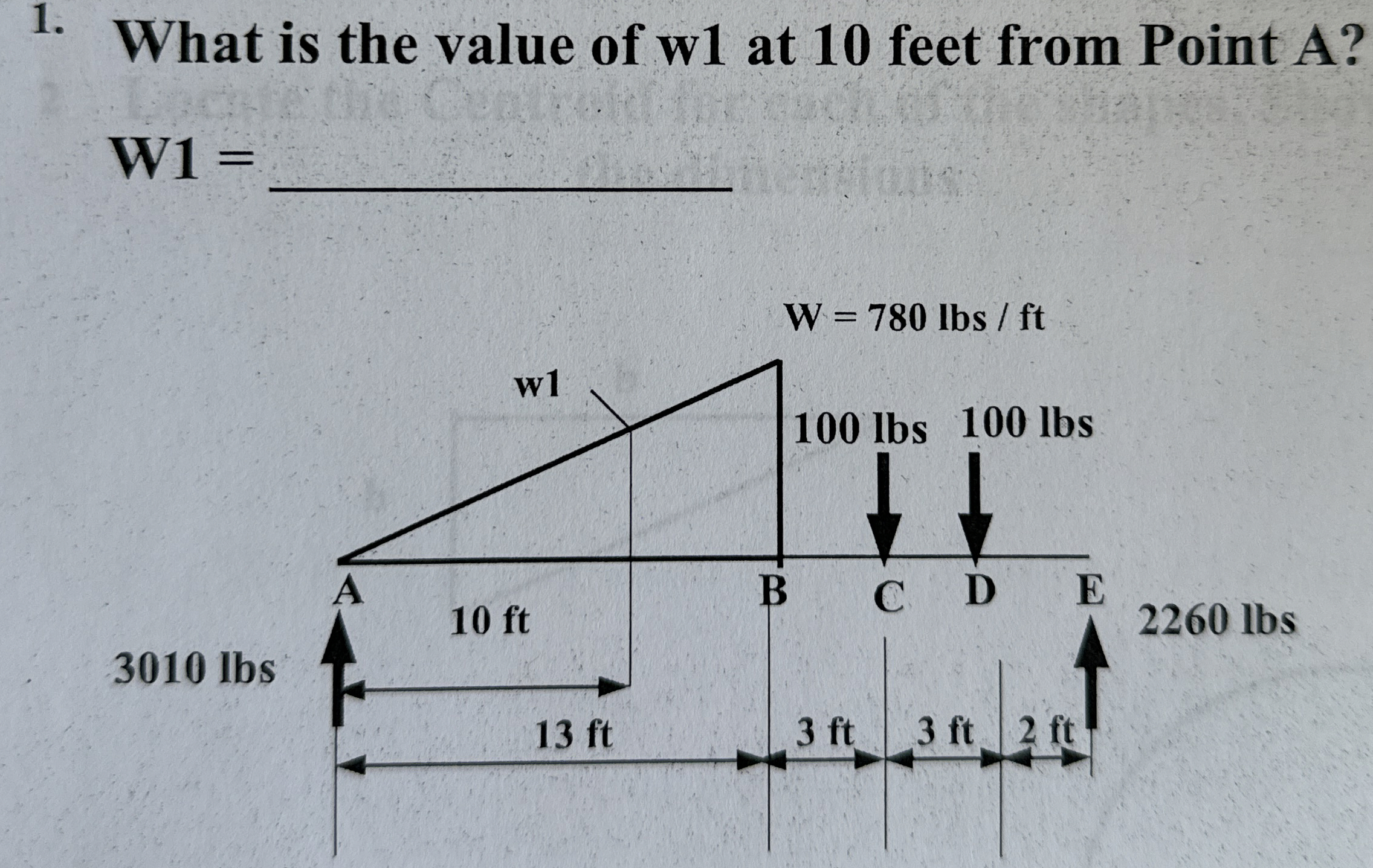 What is the value of w 1 at 1 0 feet from Point A