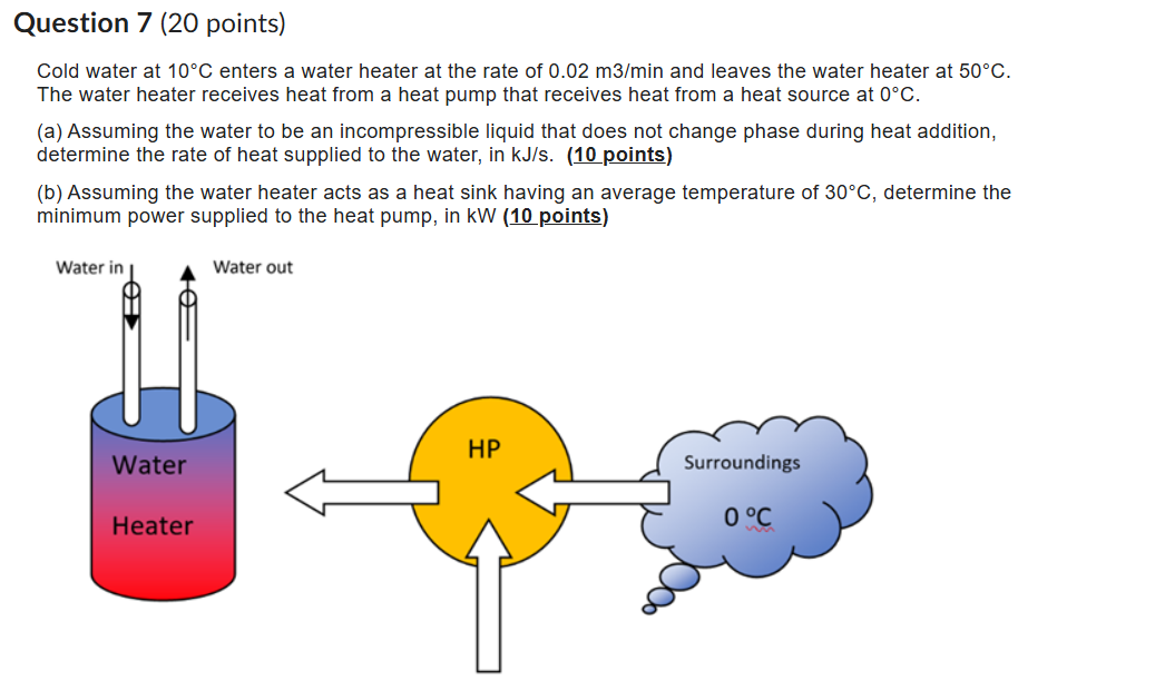 Question 7 ( 2 0 points ) Cold water at 1 0 C