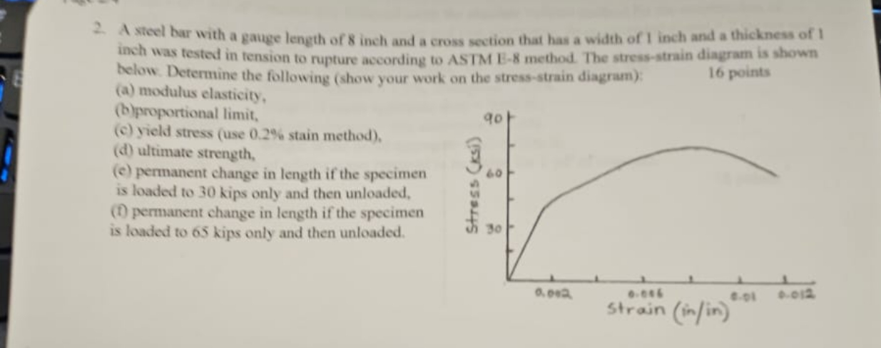 2 . A steel bar with a gauge length of 8 inch and