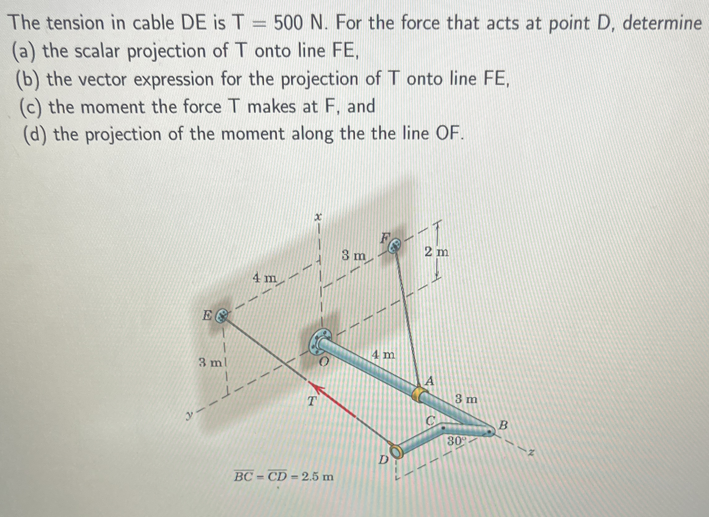 The tension in cable D E is T = 5 0 0 N . For the