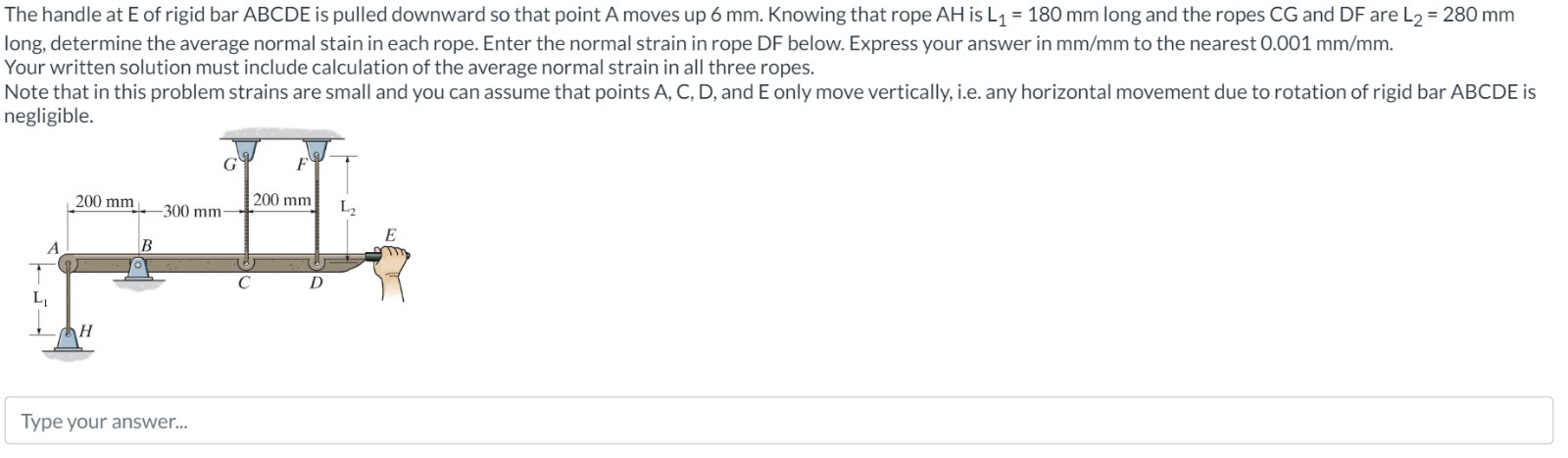 The handle at E of rigid bar ABCDE is pulled