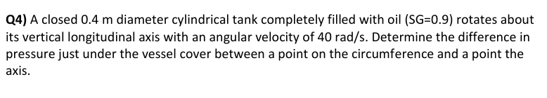 Q 4 ) A closed 0 . 4 m diameter cylindrical tank