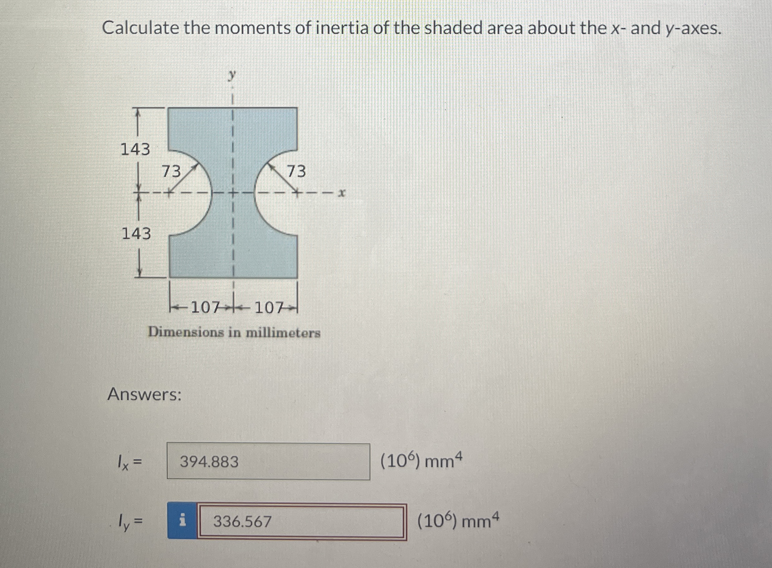 Calculate the moments of inertia of the shaded