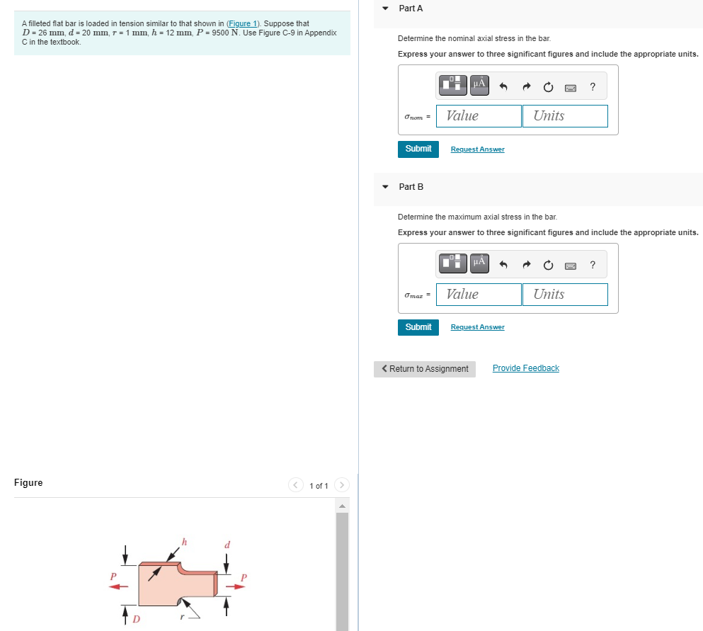 A filleted flat bar is loaded in tension similar
