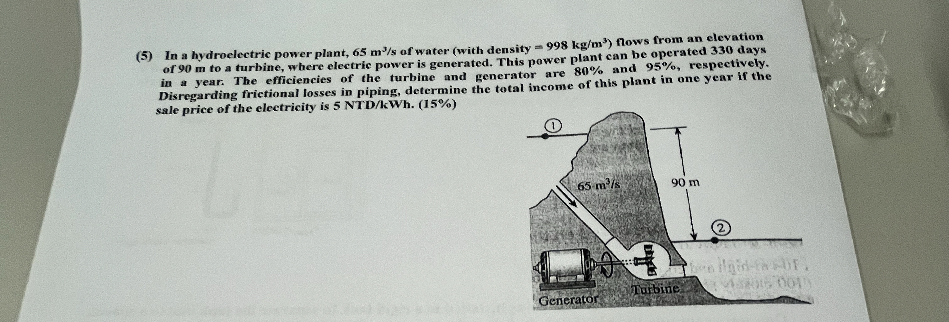 ( 5 ) In a hydroelectric power plant, 6 5 m 3 s