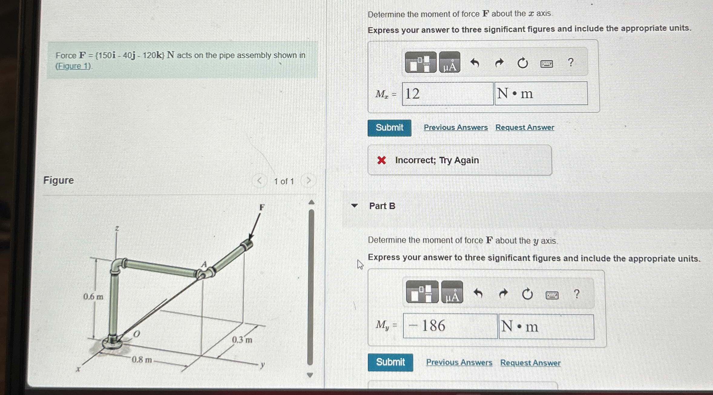 Determine the moment of force F about the x axis.