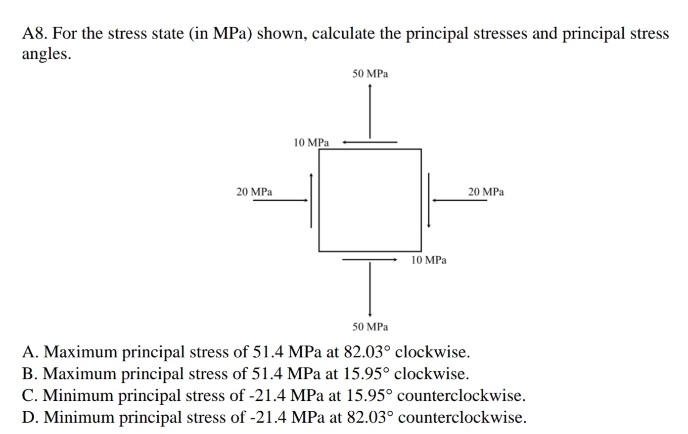 A 8 . For the stress state ( in MPa ) shown,