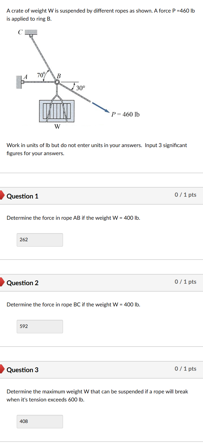 A crate of weight W is suspended by different