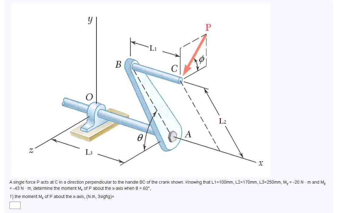 A single force P acts at C in a direction