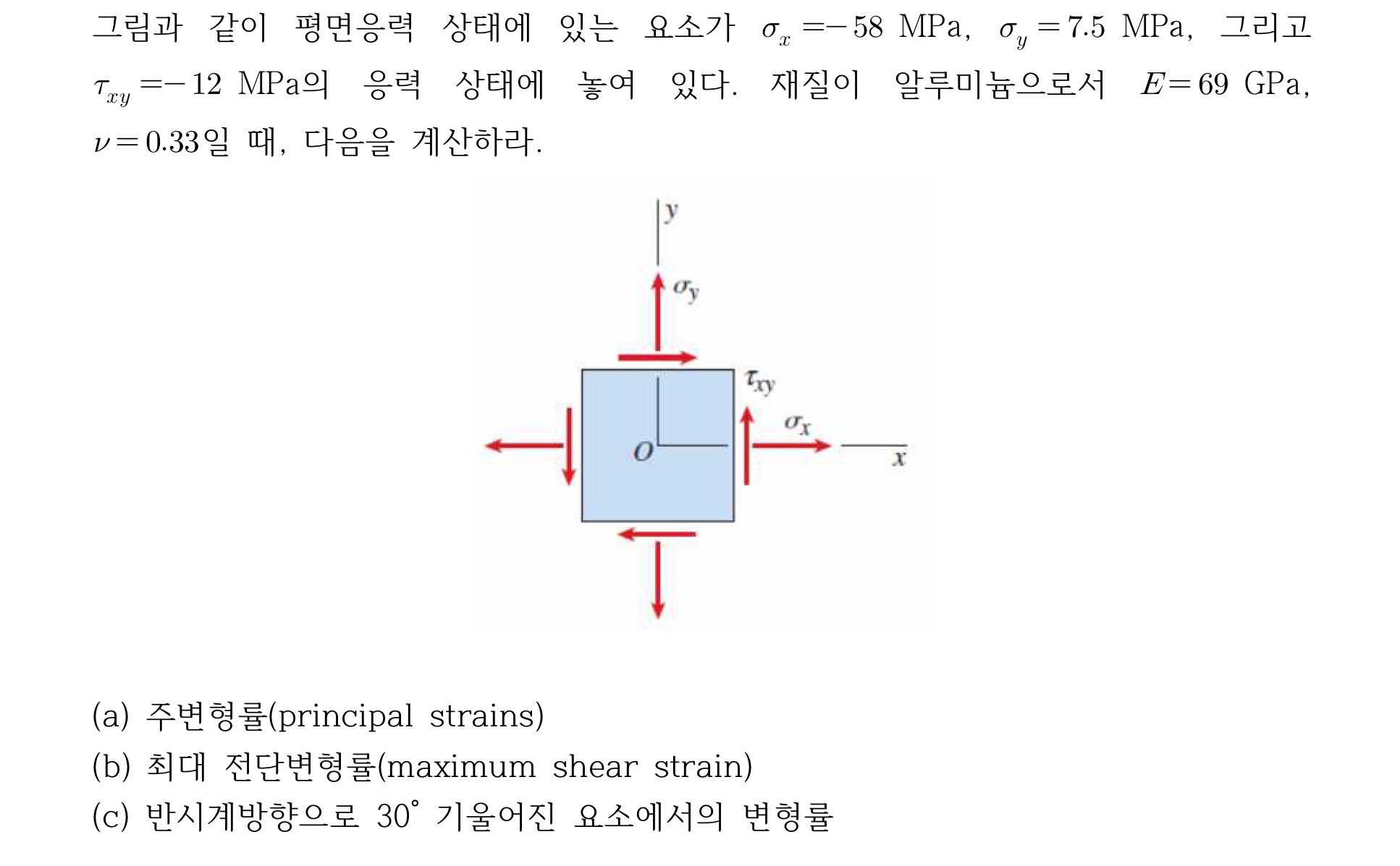 x = - 5 8 MPa, y = 7 . 5 MPa, x y = - 1 2 MPa . E