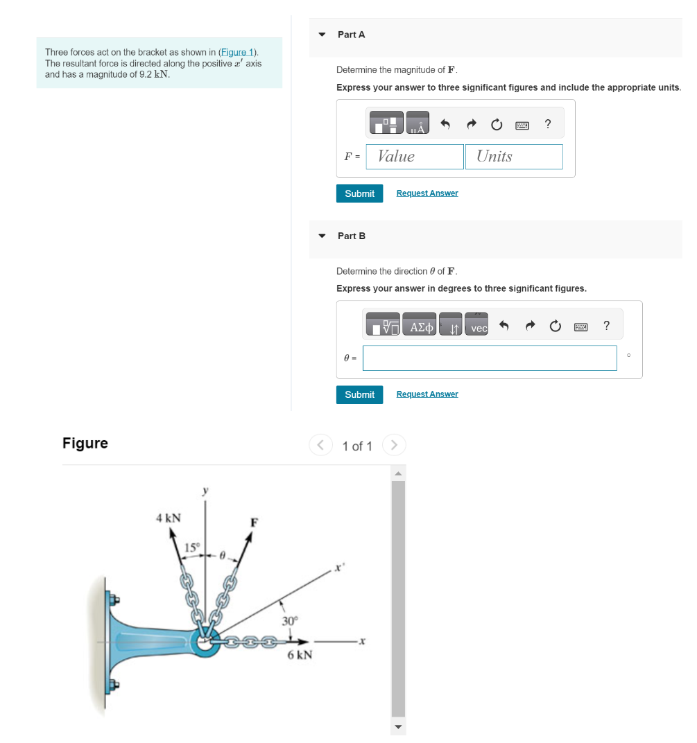 Part A Three forces act on the bracket as shown