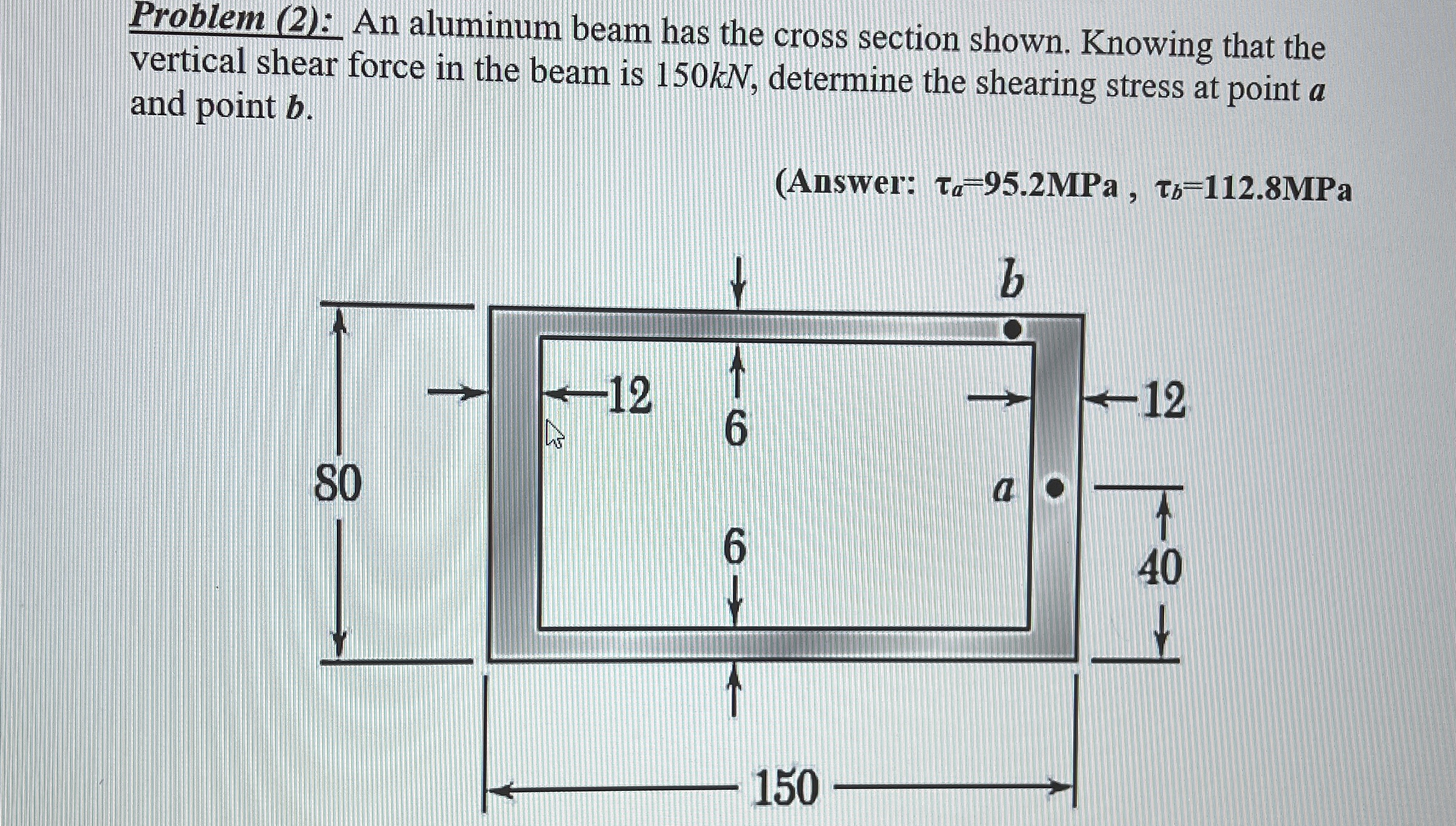 Problem ( 2 ) : An aluminum beam has the cross