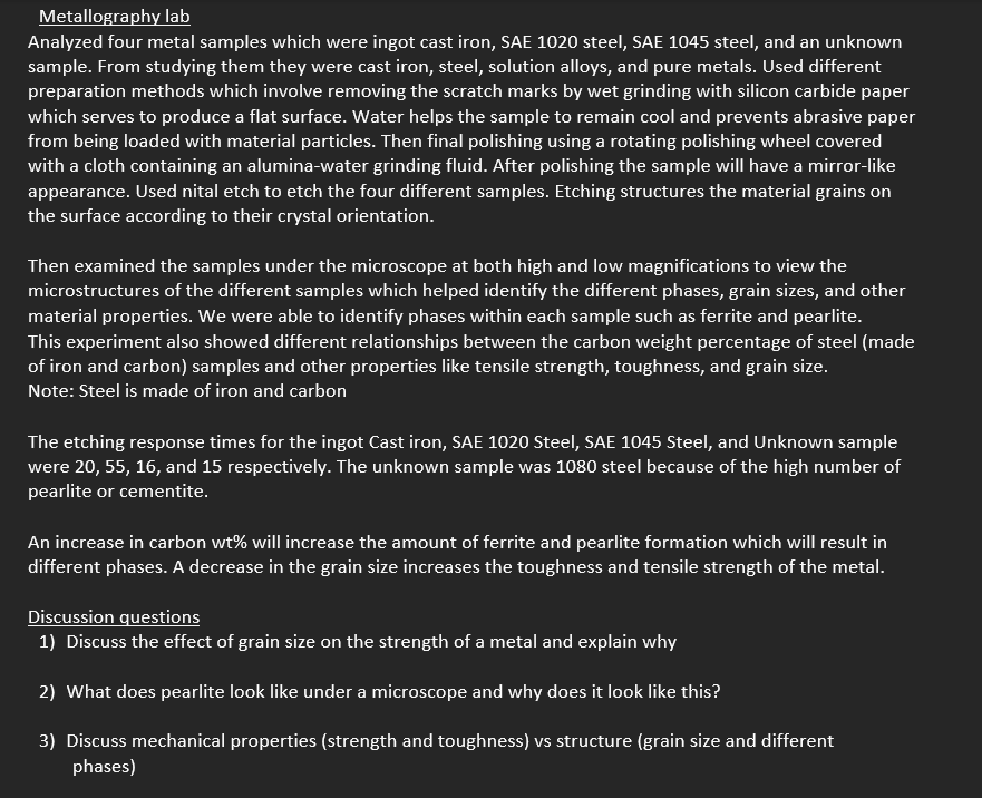 Metallography lab Analyzed four metal samples