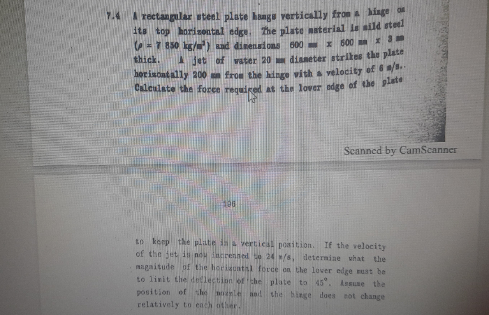 7 . 4 A rectangular steel plate hangs vertically