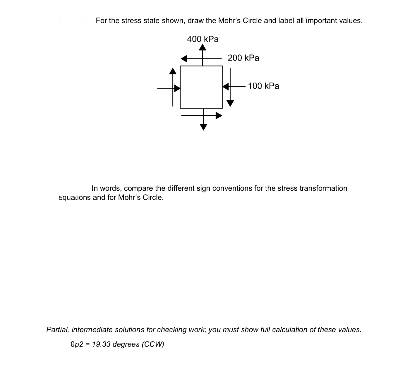 For the stress state shown, draw the Mohr's