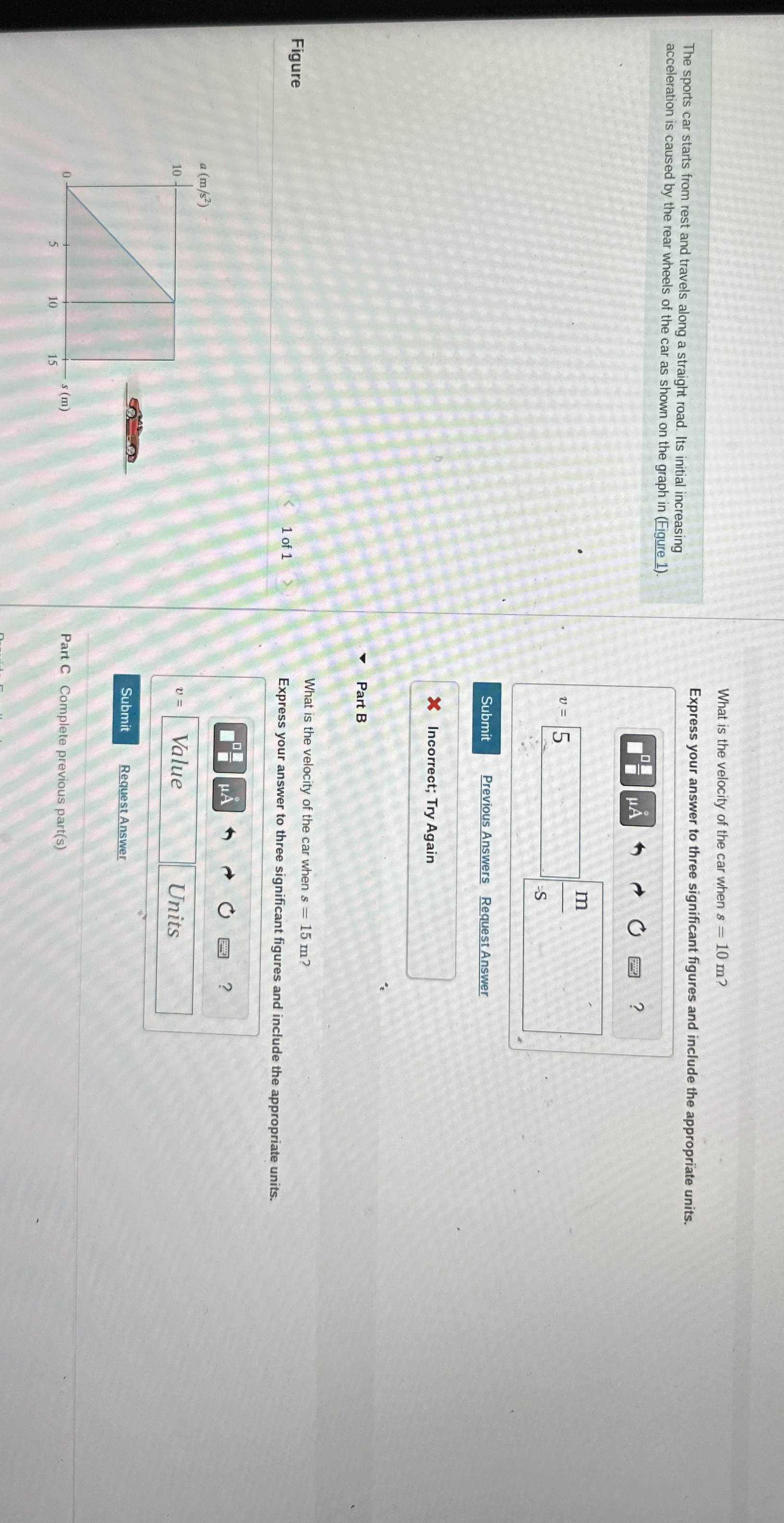 The sports car starts from rest and travels along