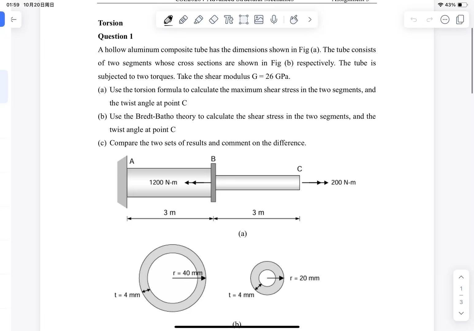 Question 1 A hollow aluminum composite tube has