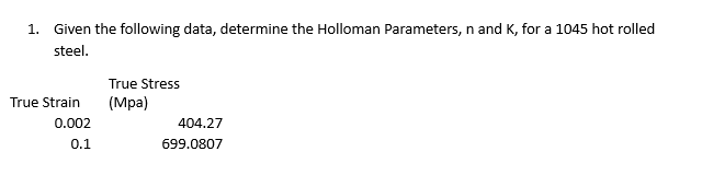 Given the following data, determine the Holloman