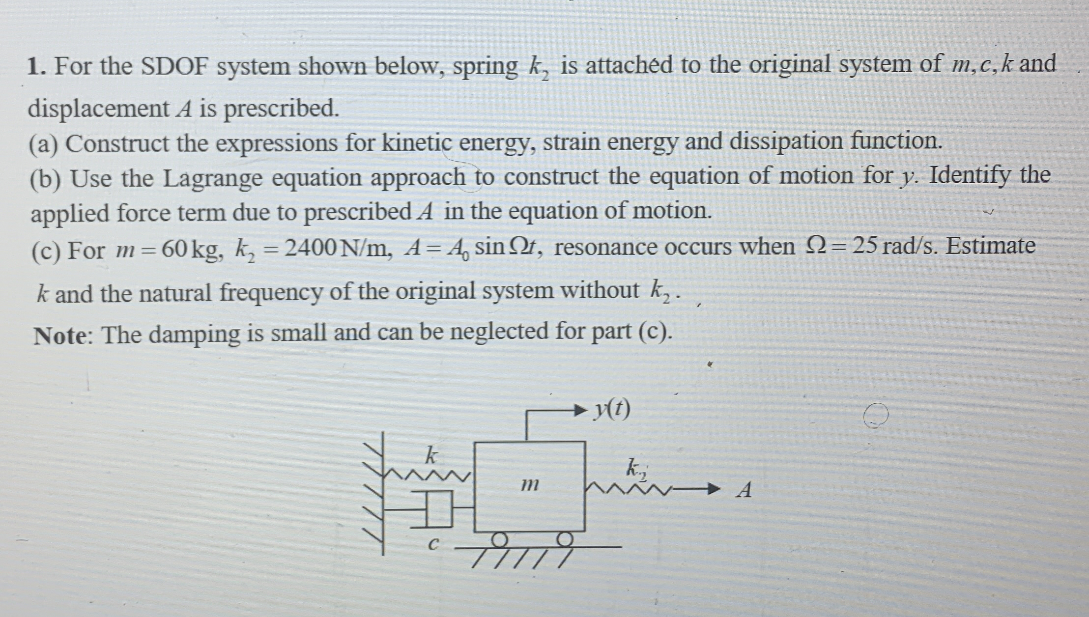 For the SDOF system shown below, spring k 2 is