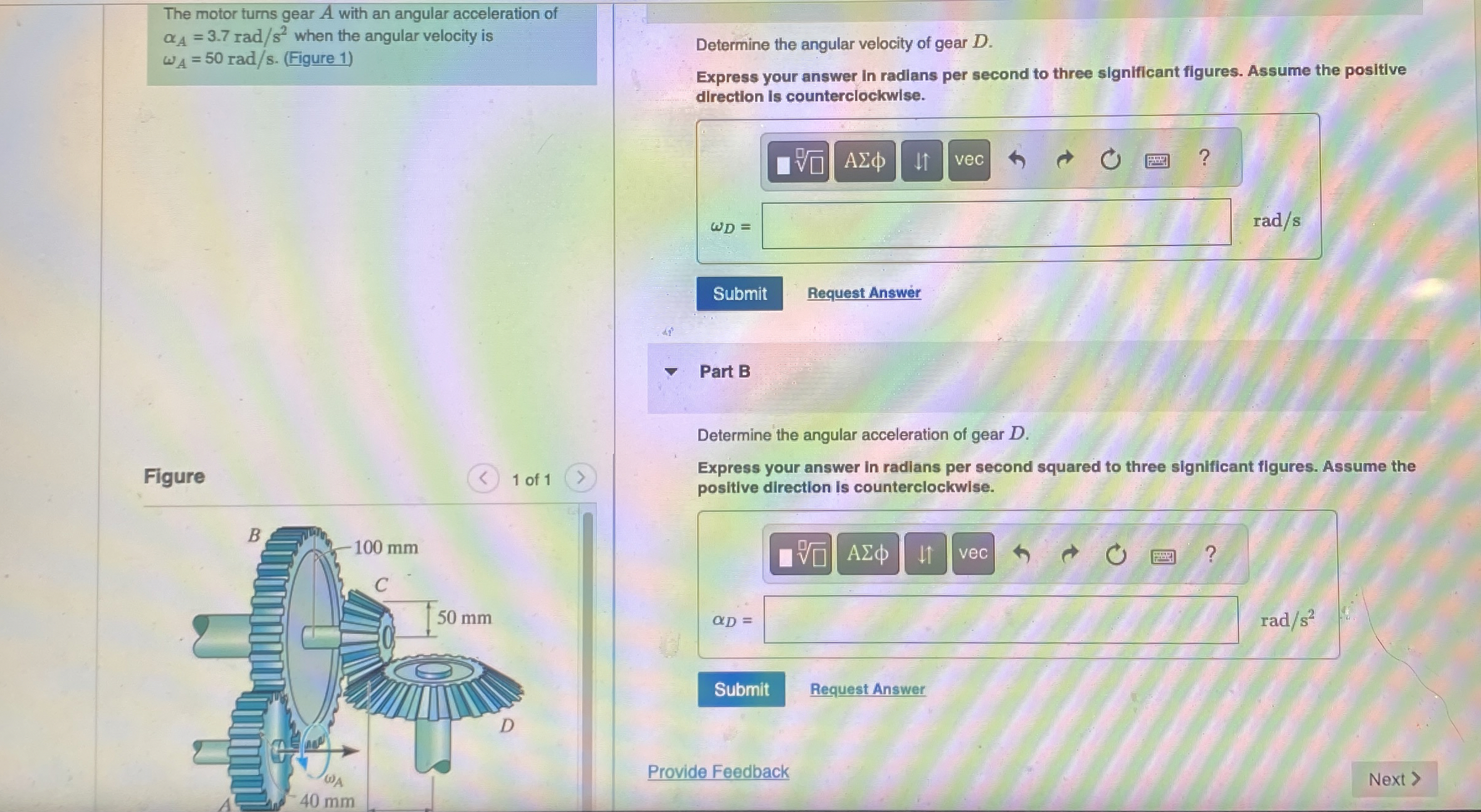 The motor turns gear A with an angular