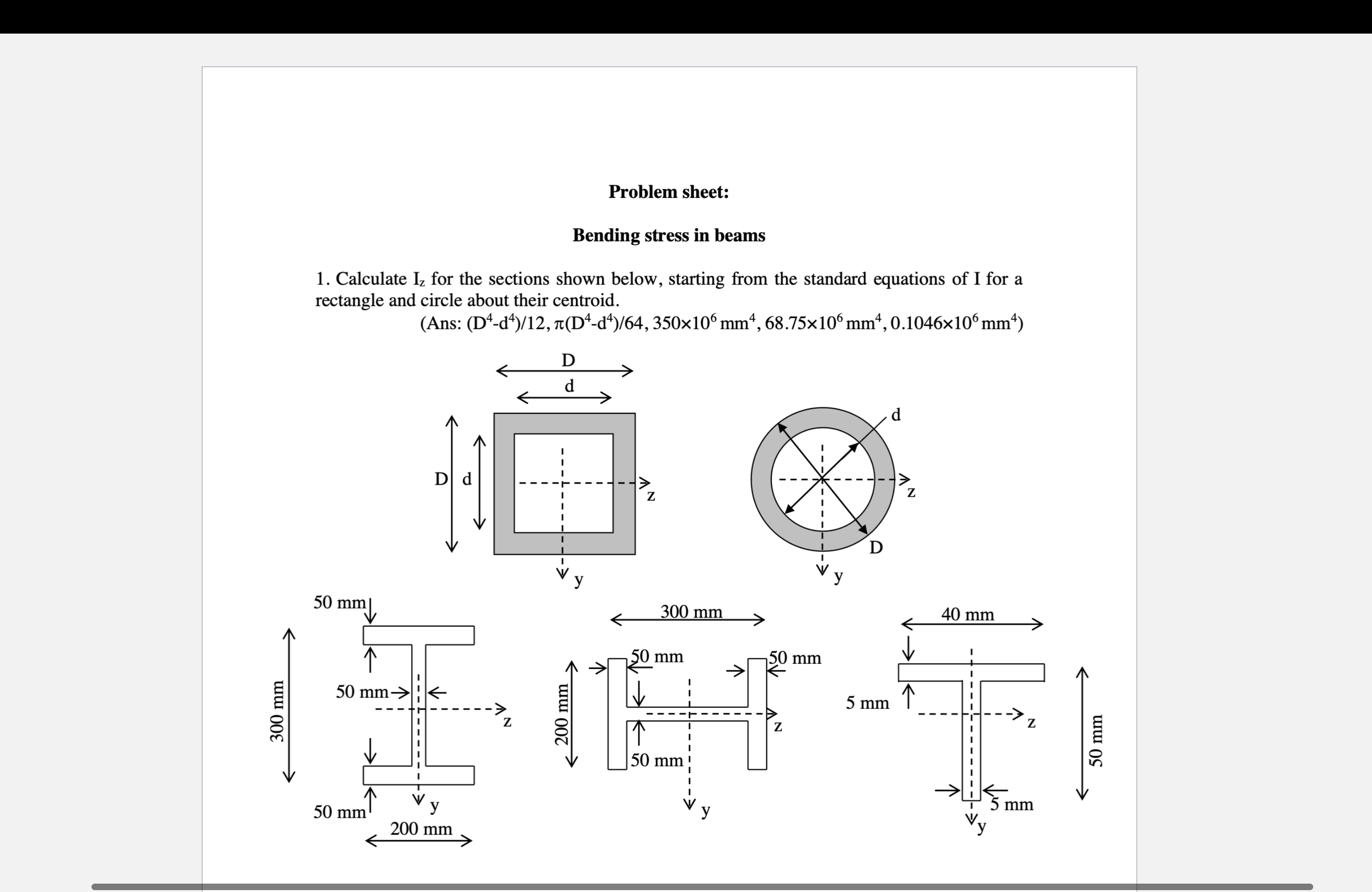 Problem sheet: Bending stress in beams Calculate