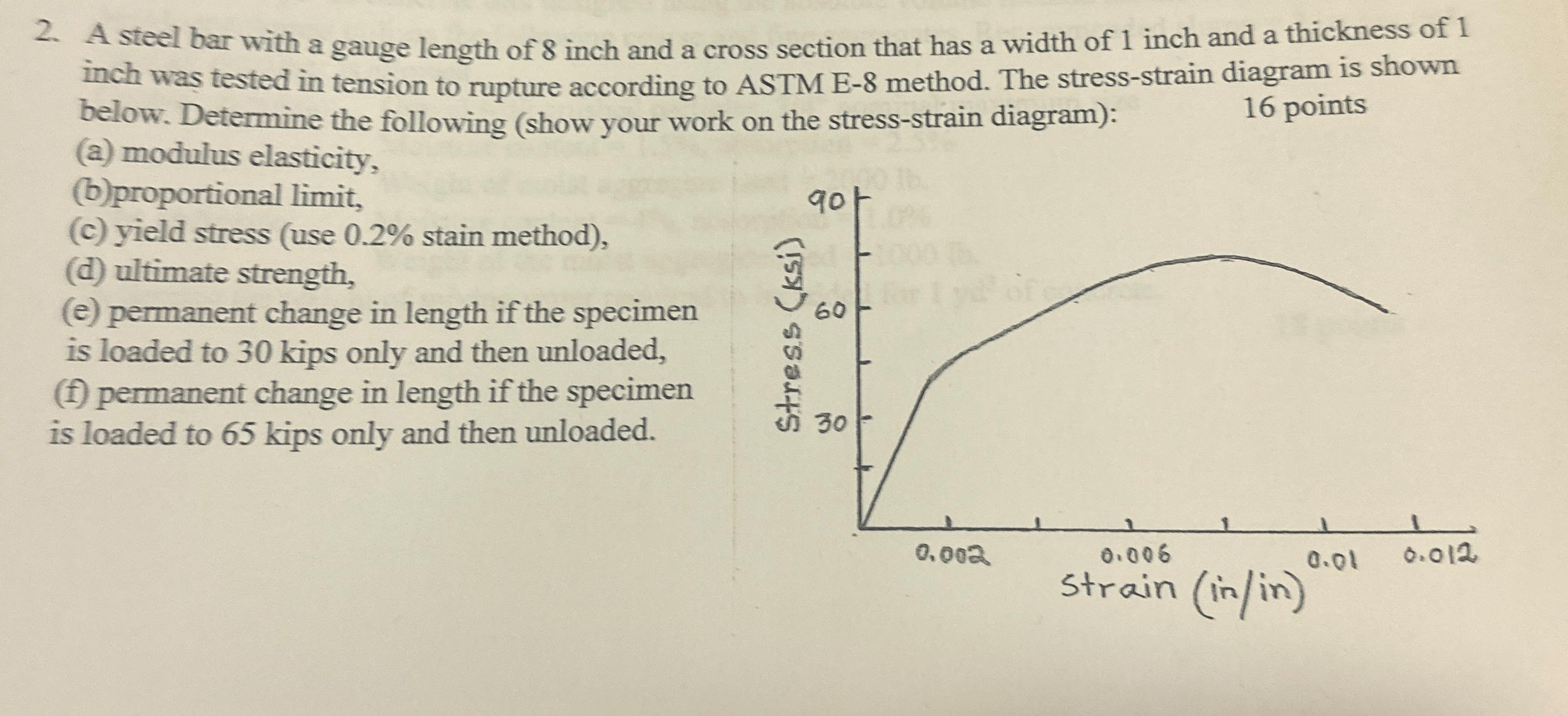 A steel bar with a gauge length of 8 inch and a