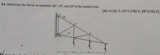 Determine the forces in members B C , C F , and E