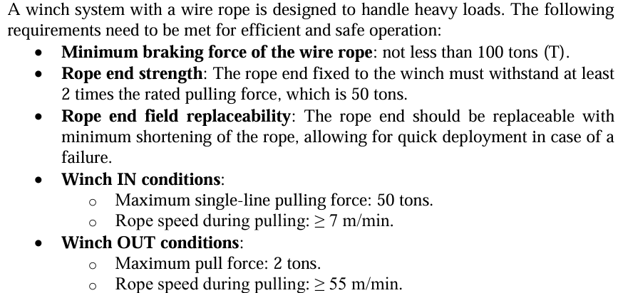 A winch system with a wire rope is designed to