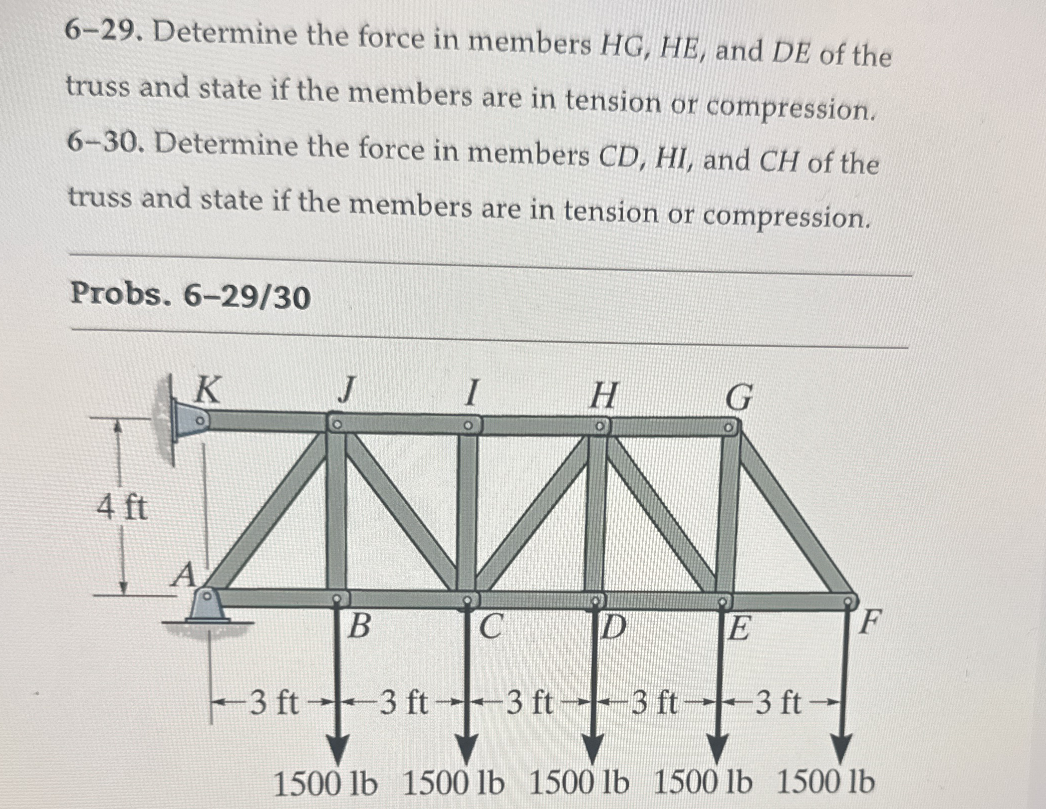 6 - 2 9 . Determine the force in members H G , H